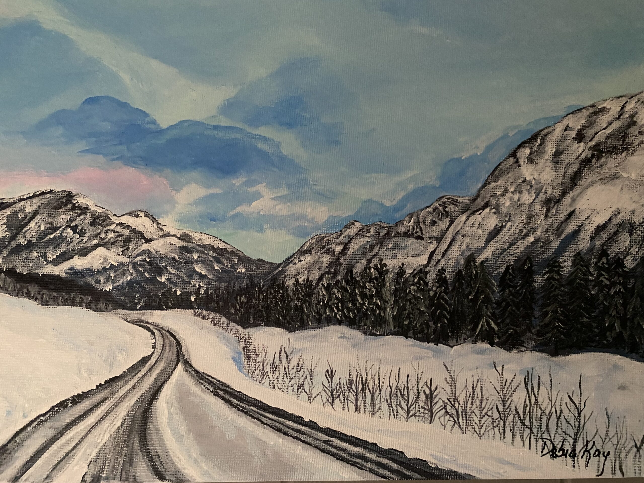 Painting of wintery road in Eagle River Alaska,