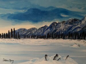 Painitng or frozen Eagle River covered with snow