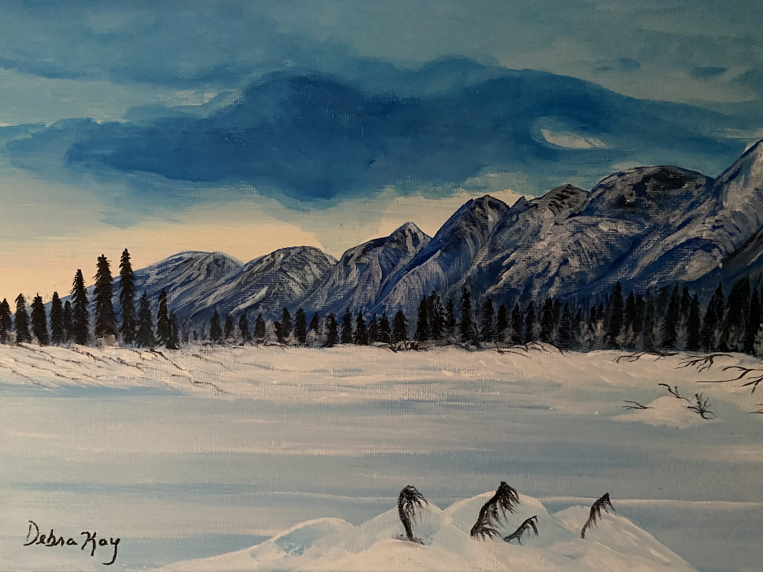 painitng or forzen Eagle River covered with snow