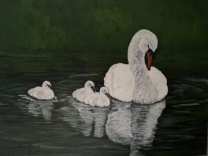 Mama swan and three babies