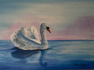 Painting of white swan against pink sky