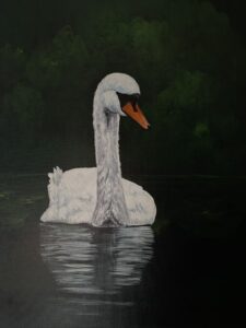Painting ofWhite swan by green shoreline
