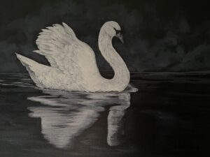 Painting of white swan on lake in black and White