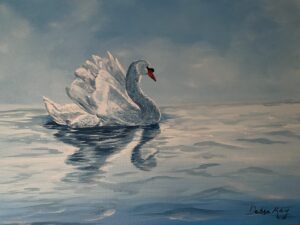 painting of White swan on lake, blue hue