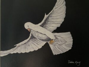 painting of white dove flying, black background