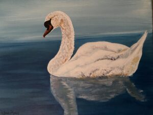 painting of white swan on blue lake