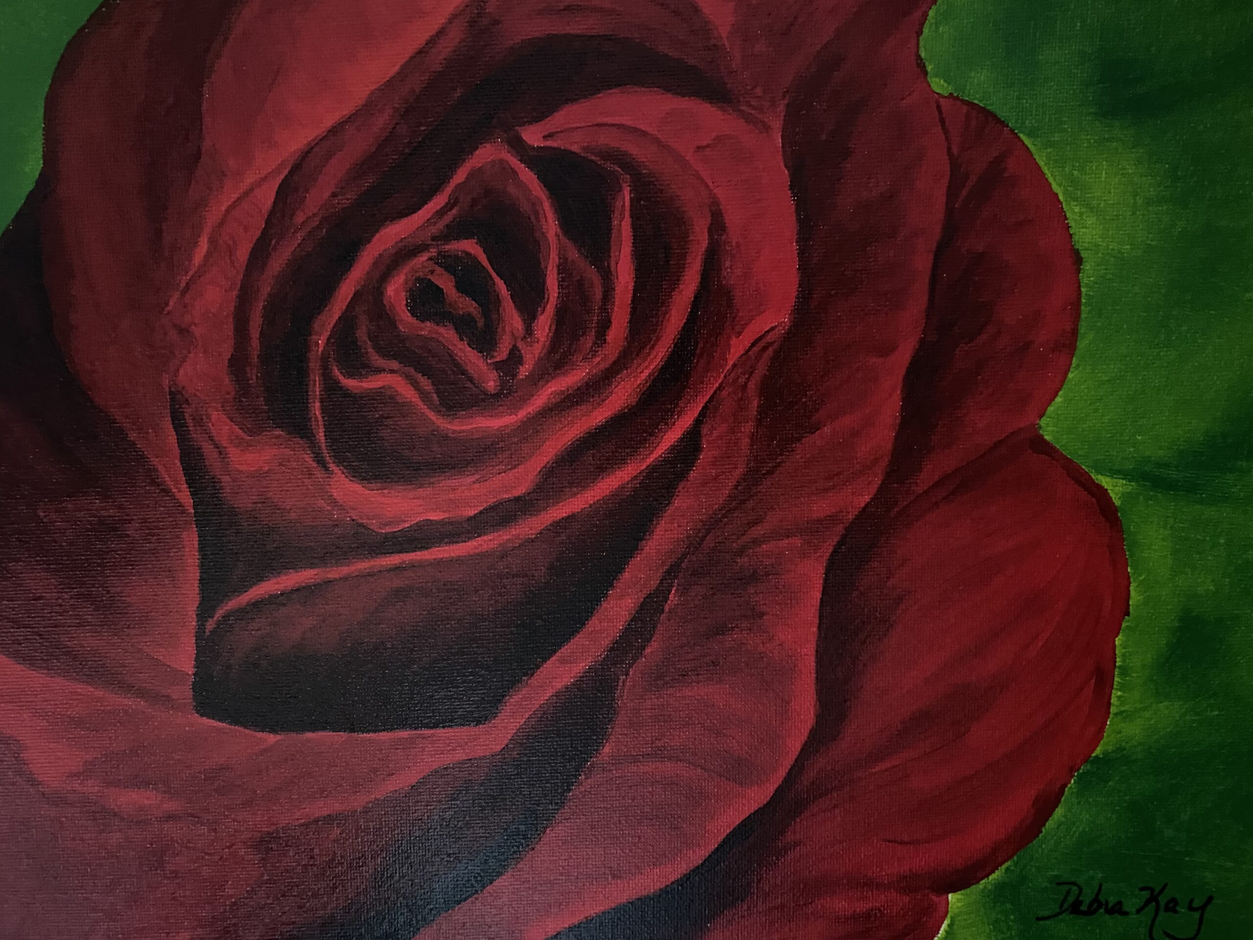 Painting of a red rose on Green background