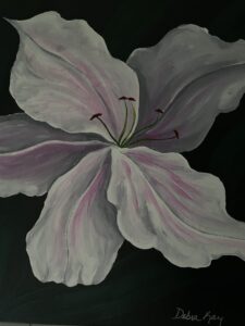 Painting of white lily with pink highlights