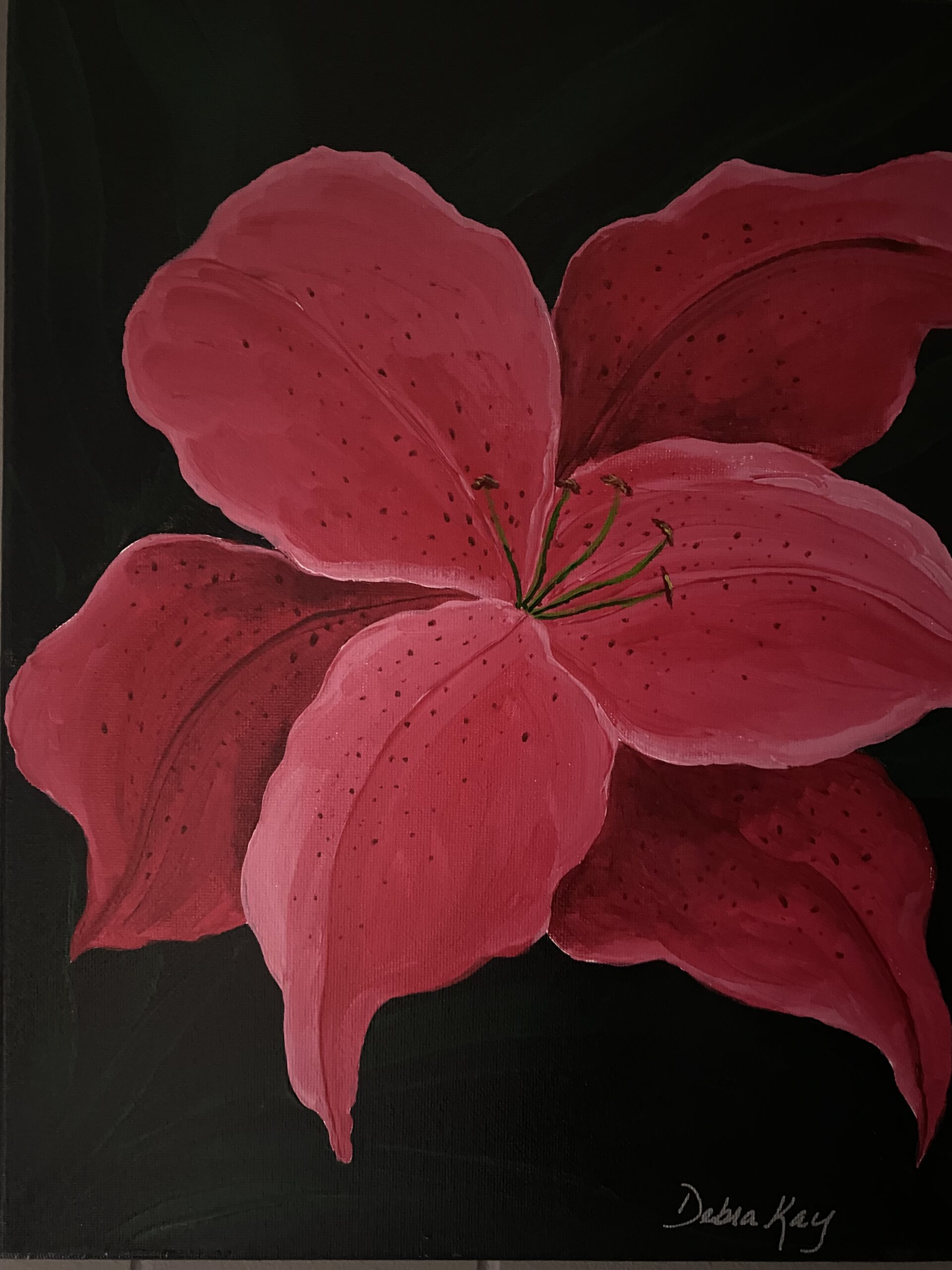 painting of pink lily on black background